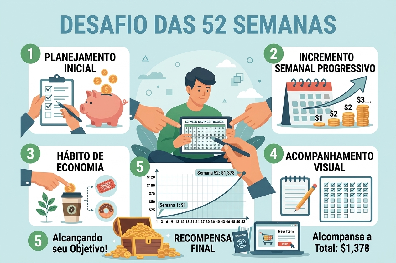 Desafio das 52 semanas: tabela de aportes semanais para juntar R$ 1.378 em um ano