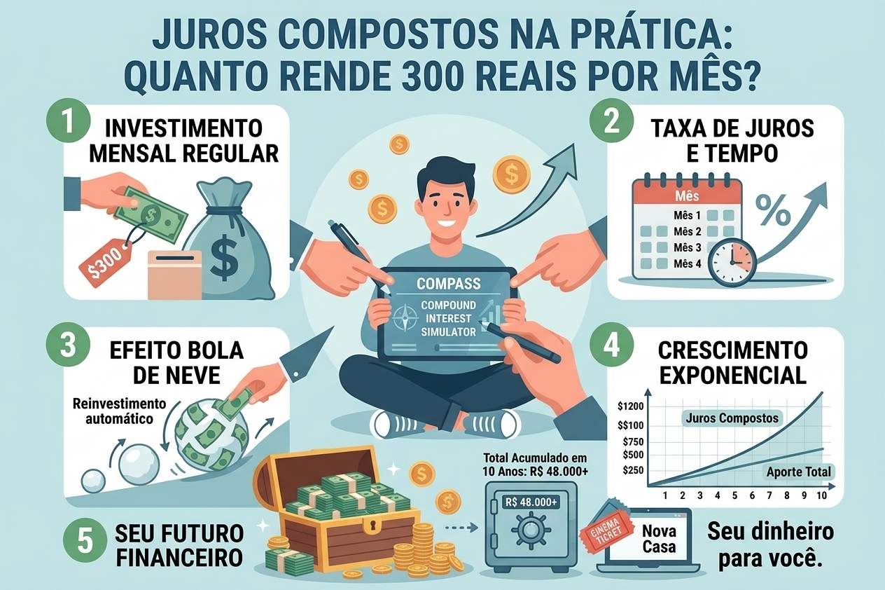 Juros compostos na prática: simulação de quanto rendem R$ 300 por mês em 5, 10, 20 e 30 anos