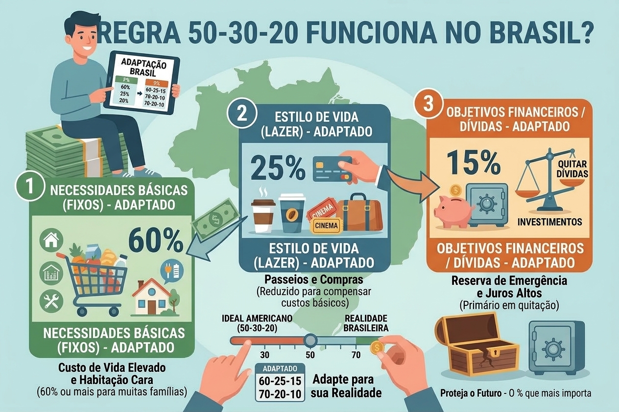 Regra 50/30/20: divisão da renda em necessidades, desejos e poupança, com adaptações para o Brasil